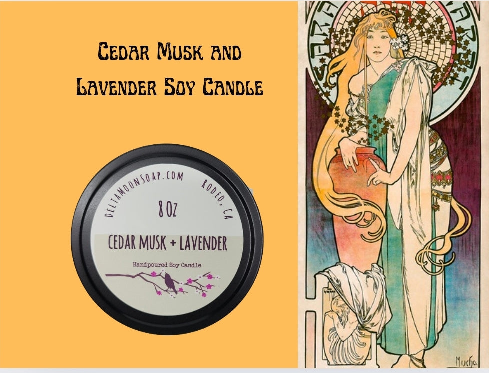 Cedar Musk and Lavender 8 Ounce Soy Candle, Ready to ship