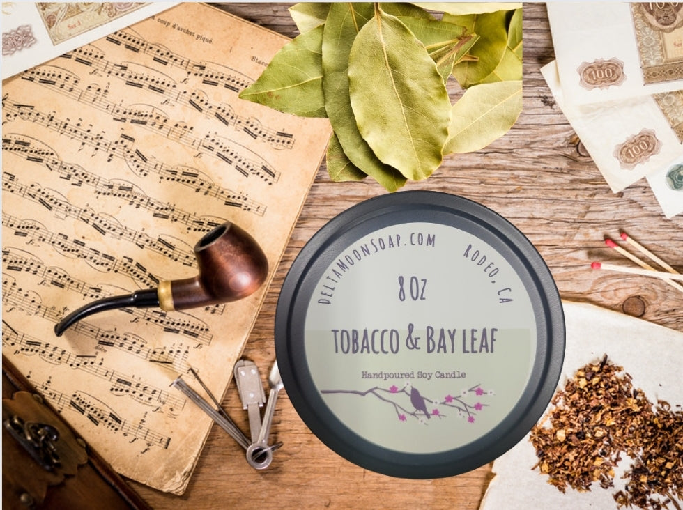 Tobacco and Bay Leaf 8 Ounce Soy Candle, Ready to ship
