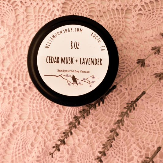 Cedar Musk and Lavender 8  Ounce Soy Candle, Ready to ship